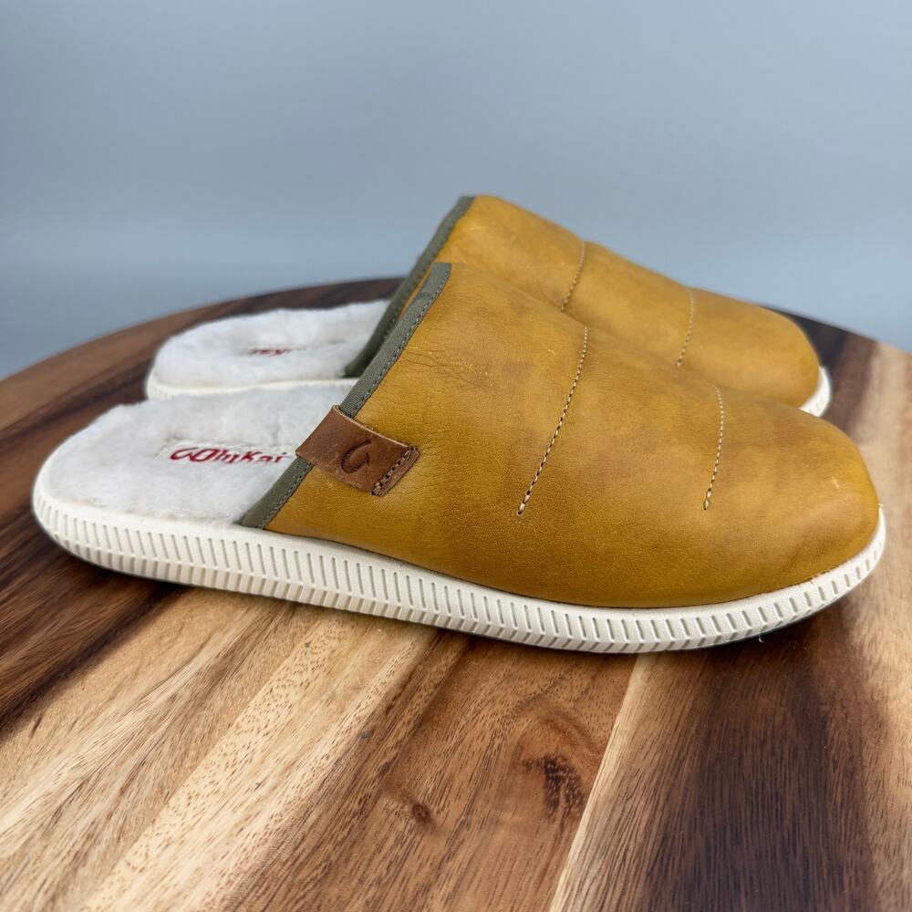 Olukai Men's 10 Slippers Mua 'Ili Leather Slides Sandal Shoes Shearling Lined